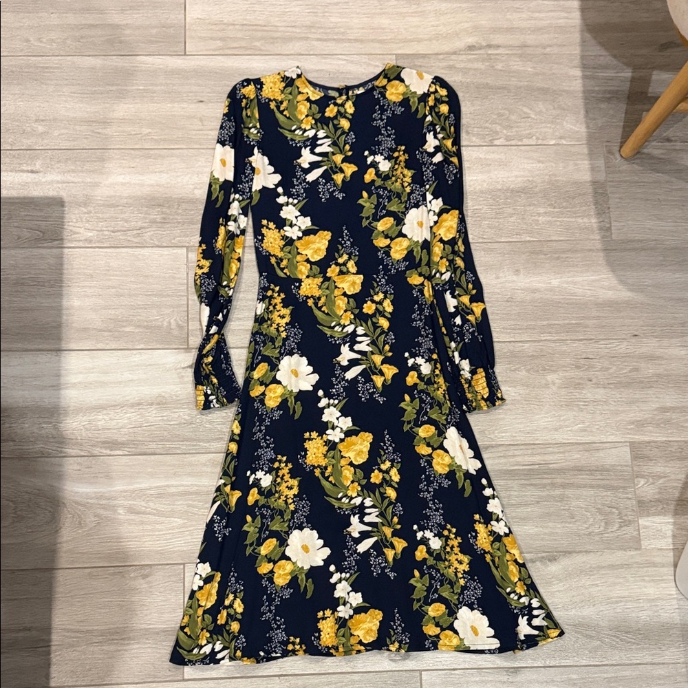 Reformation Navy and Yellow Floral Long Sleeve Dress